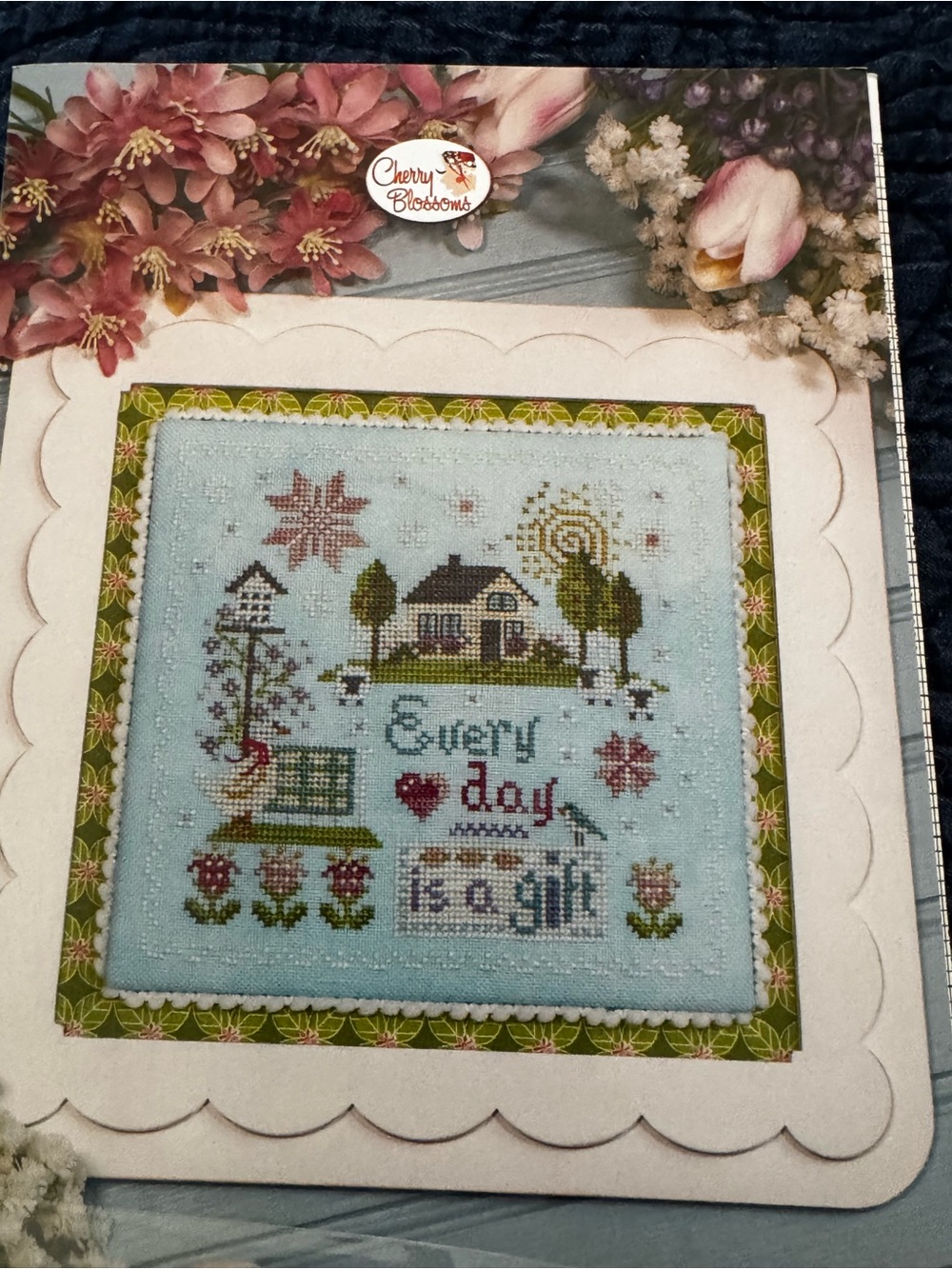 Cherry Blossoms Cross Stitch Sampler Pattern - Blue with Green & Pink Accents